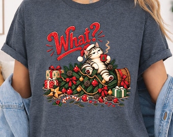 Funny Cat Christmas T-Shirt, Knocked Over Tree Coffee Santa Hat Holiday Tee