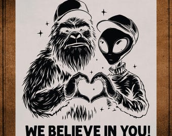 Alien Bigfoot Heart Hands Cryptid Funny DTF Transfer Ready to press, Heat Transfer for Shirts Heart Hands Cryptid Funny iron on Transfer