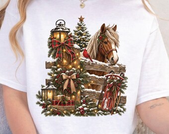 Rustic Christmas Horse T-Shirt, Wooden Fence Lantern Cardinal Sled Holiday Tee