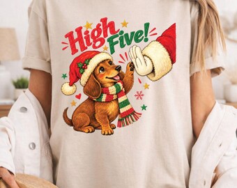 High Five Dachshund Christmas T-Shirt, Santa Hat Scarf Cute Puppy Holiday Tee