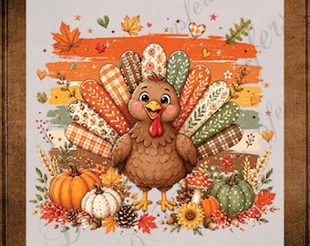 Thanksgiving DTF Transfer, Cute Turkey Patterned Feathers Pumpkins Autumn Fall
