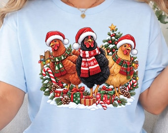Funny Christmas Chicken T-Shirt, Santa Hats Scarves Farmhouse Holiday Tee