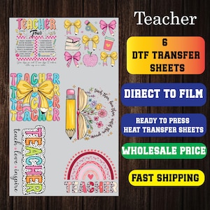 Teacher Gang Sheet DTF Transfers Ready to Press, Teacher Theme Ready to Press Heat Transfers, Teacher Trendy Premade Gang Sheets