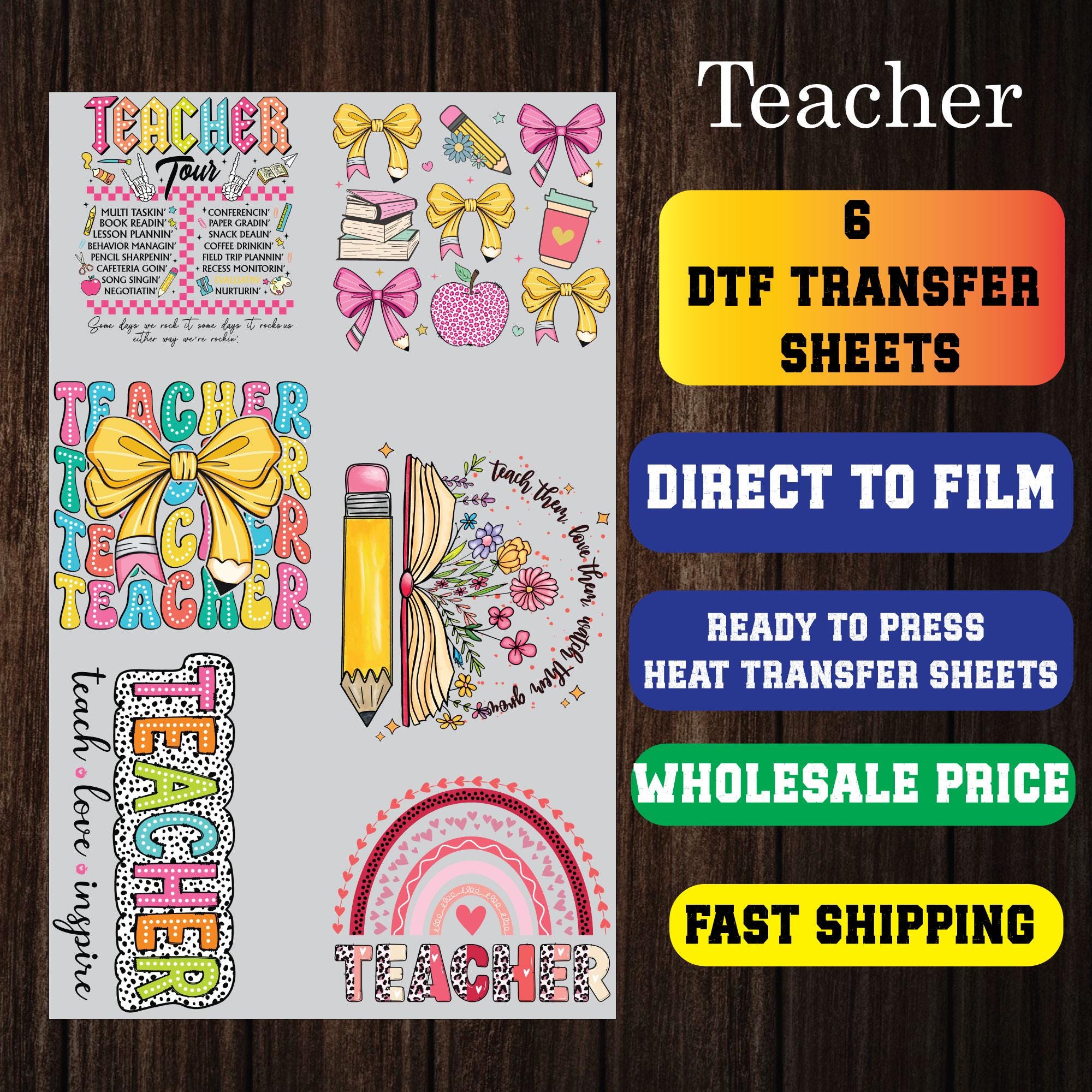 Teacher Gang Sheet DTF Transfers Ready to Press, Teacher Theme Ready to Press Heat Transfers, Teacher Trendy Premade Gang Sheets