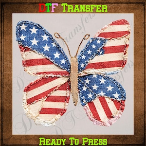 May include: A butterfly design with wings featuring the American flag. The wings are made of blue denim with white stars and red and white striped fabric. The butterfly has a brown body and antennae, with the text "DTF TRANSFER" and "READY TO PRESS".