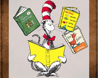 Dr Seuss Ready to Press DTF Transfer, Funny Reading Heat Press Dtf Transfer, Book Reading Character UV DTF Sticker Heat Transfer for Shirts