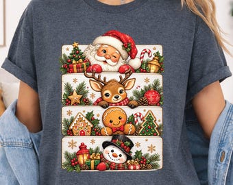 Santa Reindeer Gingerbread Snowman Christmas T-Shirt, Stacked Holiday Graphic Tee