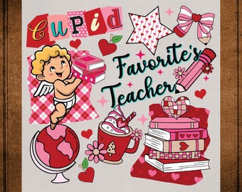 Cupid's Favorite Teacher DTF Transfer ready to Press Valentines Heat Transfer for Shirts Retro Bookworm UV Sticker Book Lover Gift