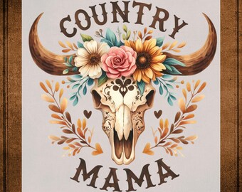 Country Mama Heat Transfer for Shirts, Western Mama DTF Transfer Ready To Press, ,Cow Skull Mama Mother's Day Gift