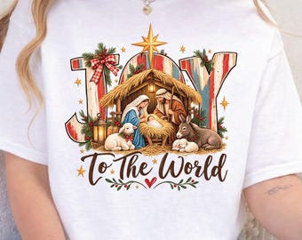Joy to the World Christmas T-Shirt, Nativity Manger Jesus Star Religious Tee