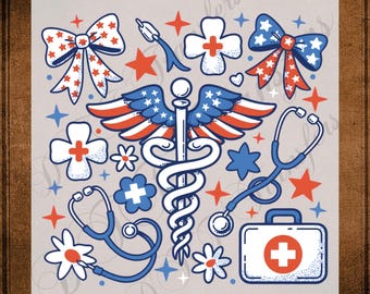 Patriotic Nurse Medical DTF Transfer Ready to Press Fourth of July USA Coquette Bow Caduceus Heat Transfer for Shirts Summer Coastal UV