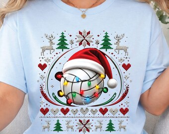 Christmas Volleyball T-Shirt, Santa Hat Lights Reindeer Ugly Sweater Tee