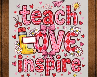 Coquette Teacher DTF Transfer ready to Press Teach Love Inspire Heat Transfer for Shirts Retro Bookworm UV Sticker
