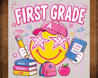 First Grade Retro Smiley Face DTF Transfer Ready to Press Pink Cap Checkered Star Glasses Heat Transfer for Shirts Student Kids