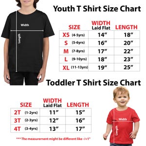 May include: A size chart for youth and toddler t-shirts. The chart includes sizes XS to XL for youth, and 2T to 4T for toddlers. Measurements are provided in inches for width and length. The text "The measurement might be different like -/+1" is also included.