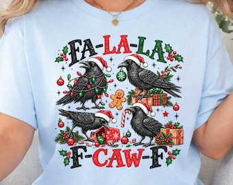 Fa-La-La F-Caw-F Christmas T-Shirt, Ravens Crows Santa Hats Gothic Funny Tee