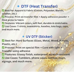 Puede incluir: Gr&aacute;fico informativo que detalla los procesos DTF (transferencia t&eacute;rmica) y UV DTF (pegatina). DTF es mejor para ropa y tela, mientras que UV DTF es para superficies duras. Se enumeran las caracter&iacute;sticas y los casos de uso, con fondo dorado.