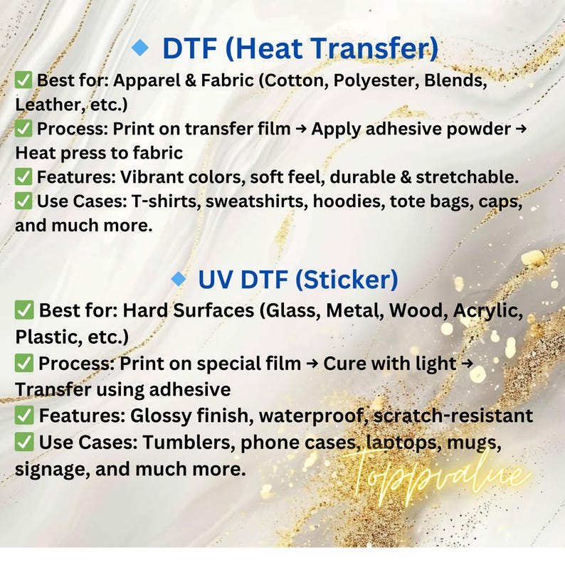 Puede incluir: Gr&aacute;fico informativo que detalla los procesos DTF (transferencia t&eacute;rmica) y UV DTF (pegatina). DTF es mejor para ropa y tela, mientras que UV DTF es para superficies duras. Se enumeran las caracter&iacute;sticas y los casos de uso, con fondo dorado.