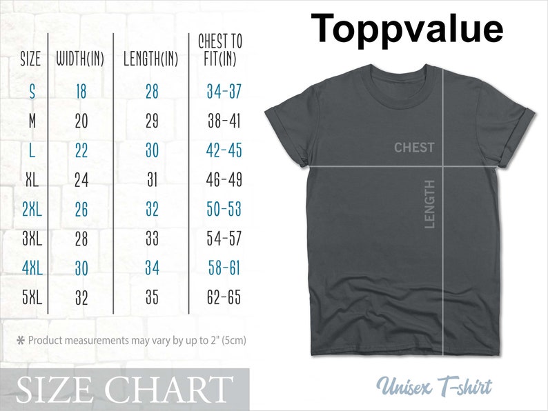 May include: A gray unisex t-shirt with a size chart. The chart lists sizes S to 5XL, with corresponding measurements for width, length, and chest to fit in inches. The text "Toppvalue" is at the top.