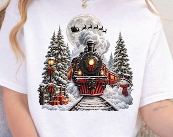 Vintage Christmas Train T-Shirt, Snowman Santa Sleigh Moon Winter Graphic Tee
