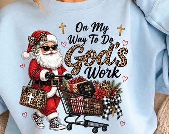 On My Way To Do God’s Work Christmas T-Shirt, Santa Leopard Cross Graphic Tee