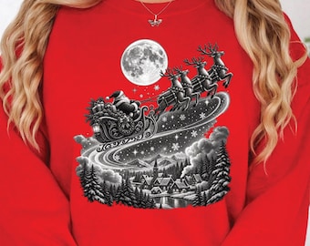Santa Sleigh Reindeer Christmas T-Shirt, Full Moon Winter Village Snowy Holiday Tee
