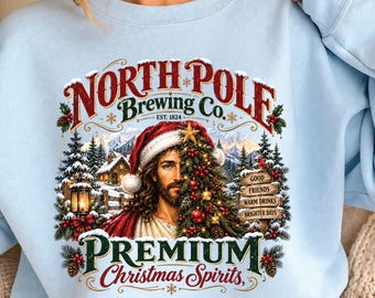 North Pole Brewing Co Christmas T-Shirt, Christmas Spirits Jesus Tree Graphic Tee