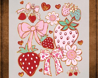 Boho Strawberry Coquette Transfer Ready To Press, Preppy Strawberries Heat Transfer For Shirts, Summer Strawberry