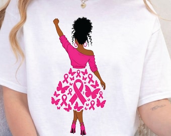 Black Woman Breast Cancer Awareness T Shirt, African American Pink Ribbon Dress Graphic Tee, Pink October Survivor Fighter Support Gift