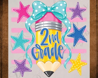 2nd Grade Pencil DTF Transfer Ready to Press Retro Pink Stripes Coquette Mint Bow Heat Transfer for Shirts Teacher Student