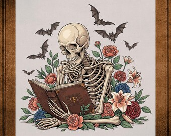 Halloween Skeleton Book Flowers DTF Transfer ready to Press, Halloween Teacher Heat Transfer for Shirts, Fall Season Spooky