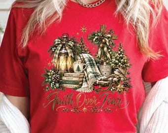 Faith Over Fear Christmas T-Shirt, Cross Lantern Books Buffalo Plaid Christian Tee
