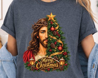 Jesus Christmas Tree T-Shirt, Merry Christmas Crown of Thorns Religious Tee
