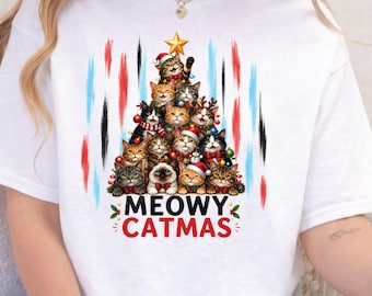 Meowy Catmas Christmas T-Shirt, Cute Cats Tree Santa Hat Holiday Tee