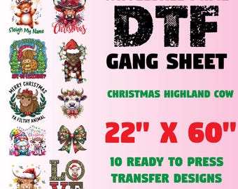 Christmas Highland Cow Gang Sheet, Christmas DTF Transfer Premade Gangsheet, X-mas Ready to press Transfer 22x60 Christmas Heat Transfer
