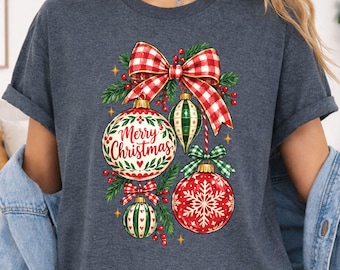 Merry Christmas T-Shirt, Buffalo Plaid Ornaments Bow Snowflake Holiday Tee
