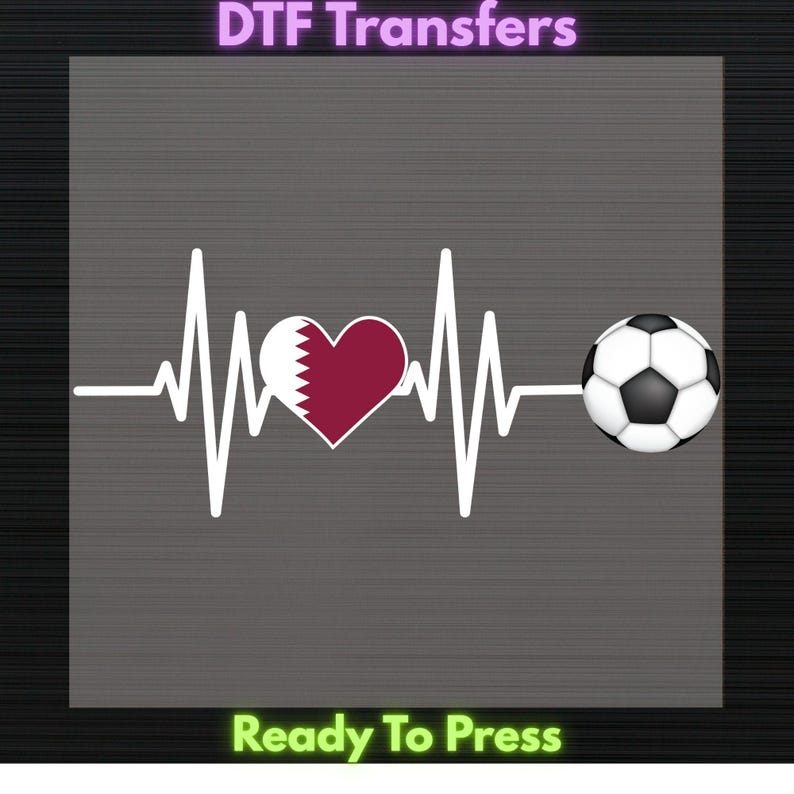 Qatar Soccer Heartbeat DTF Transfer Ready to Press Qatar Flag Heart UV DTF Sticker Qatari Football Heat Transfer for Shirts