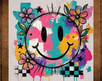 Colorful Smiley Face DTF Transfer Ready to Press Graffiti Paint Splatter Summer Flowers Heat Transfer for Shirts Retro Checkered
