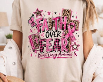 Faith Over Fear Breast Cancer Awareness Christian T Shirt, Pink Ribbon Leopard Cross Graphic Tee, Religious Cancer Survivor Gift