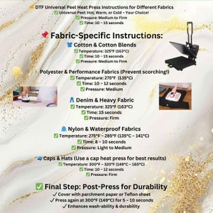 Puede incluir: Instrucciones para DTF Universal Peel Heat Press, con ajustes espec&iacute;ficos para algod&oacute;n, poli&eacute;ster, mezclilla, nailon y gorras. La gu&iacute;a detalla la temperatura en grados Celsius, el tiempo y la presi&oacute;n. Se muestra una m&aacute;quina de prensado en caliente.