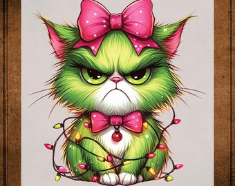 Green Angry Christmas Cat DTF Transfer ready to Press, Xmas Cat Heat Transfer for Shirts, Merry Christmas