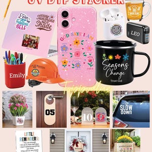 Puede incluir: Una colecci&oacute;n de varios art&iacute;culos, incluyendo una funda de tel&eacute;fono rosa con dise&ntilde;os florales y texto, una taza negra con "Seasons Change", y un port&aacute;til con pegatinas. Otros art&iacute;culos incluyen un casco, una placa de puerta y una pegatina que dice "Slow Down".