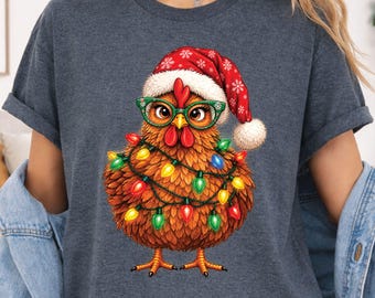 Christmas Chicken T-Shirt, Hen Santa Hat Glasses Farmhouse Holiday Tee