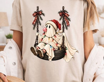 Cute Ghost Christmas T-Shirt, Santa Hat Tire Swing Bubble Gum Holiday Tee