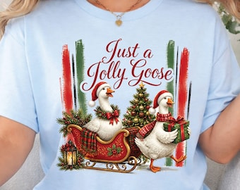 Just a Jolly Goose Christmas T-Shirt, Santa Sleigh Tree Holiday Graphic Tee