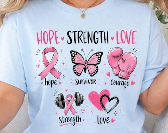 Hope Strength Love Breast Cancer Awareness T Shirt, Boxing Glove Butterfly Ribbon Graphic Tee, Pink October Survivor Fighter Gift Shirt