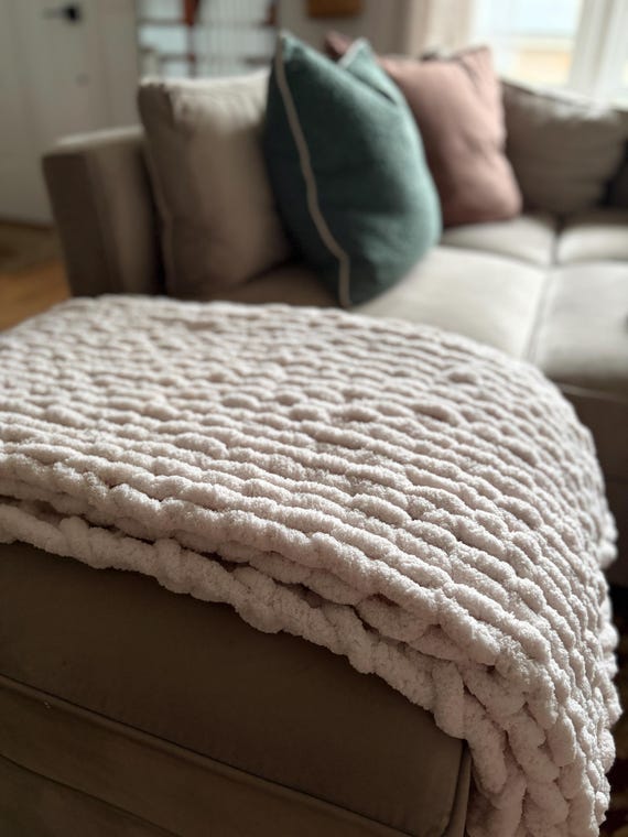 Chunky Crochet Blanket, Jumbo Chenille Yarn, Cozy Throw, Queen Size, Soft Home Decor