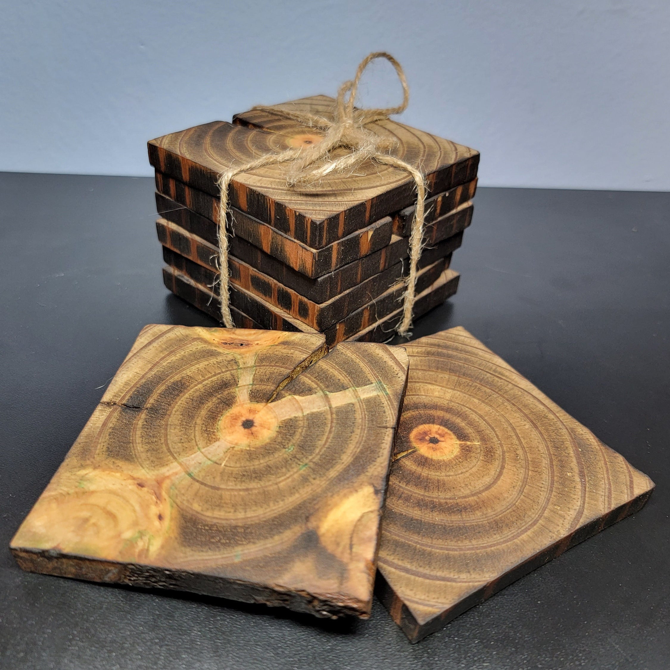 Set of 4, 4'' Rustic Wood Coasters, Wooden Drink Coasters, Hostess Gift,  Coffee Table Décor 