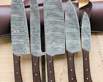 Set of 5 Custom Handmade Damascus Steel Chef Knives, Kitchen Knives, Personalized Knives, Leather Case