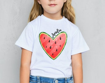 Kid's Personalized Watermelon Heart T-shirt, Kid's Summer Shirt, Kid's Watermelon Shirt, Kids Watermelon Tee, Beach Shirt for Kids, Summer